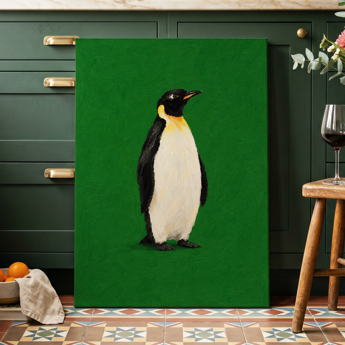 Penguin in Emerald, green, black, white nature wall art displayed in a styled interior, gallery view 7