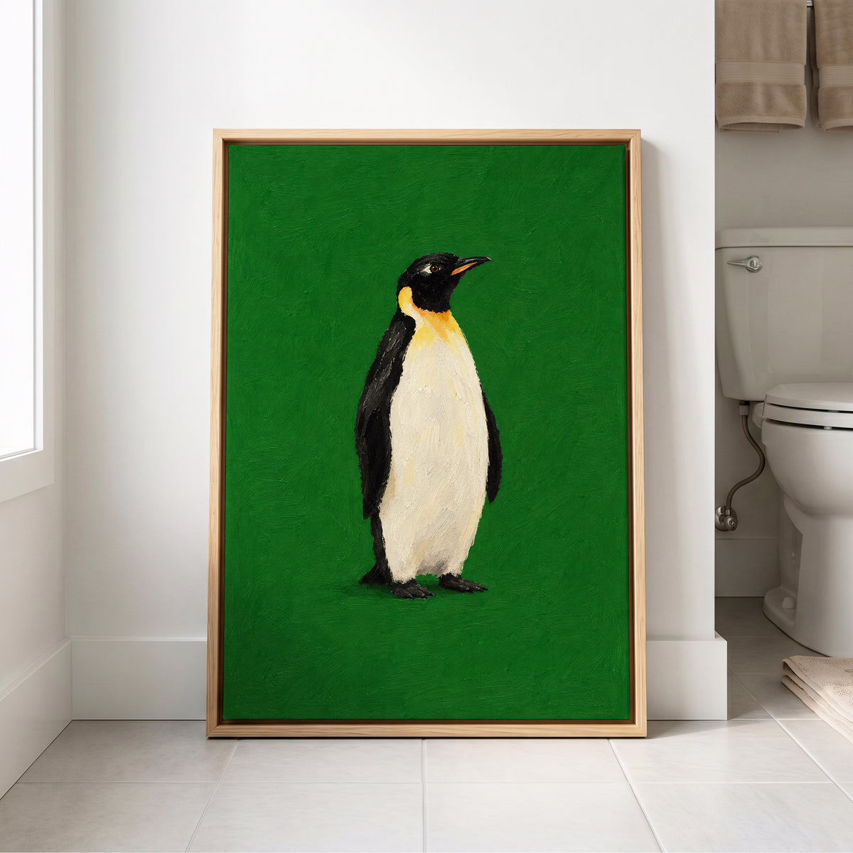 Penguin in Emerald, green, black, white nature wall art displayed in a styled interior, gallery view 8