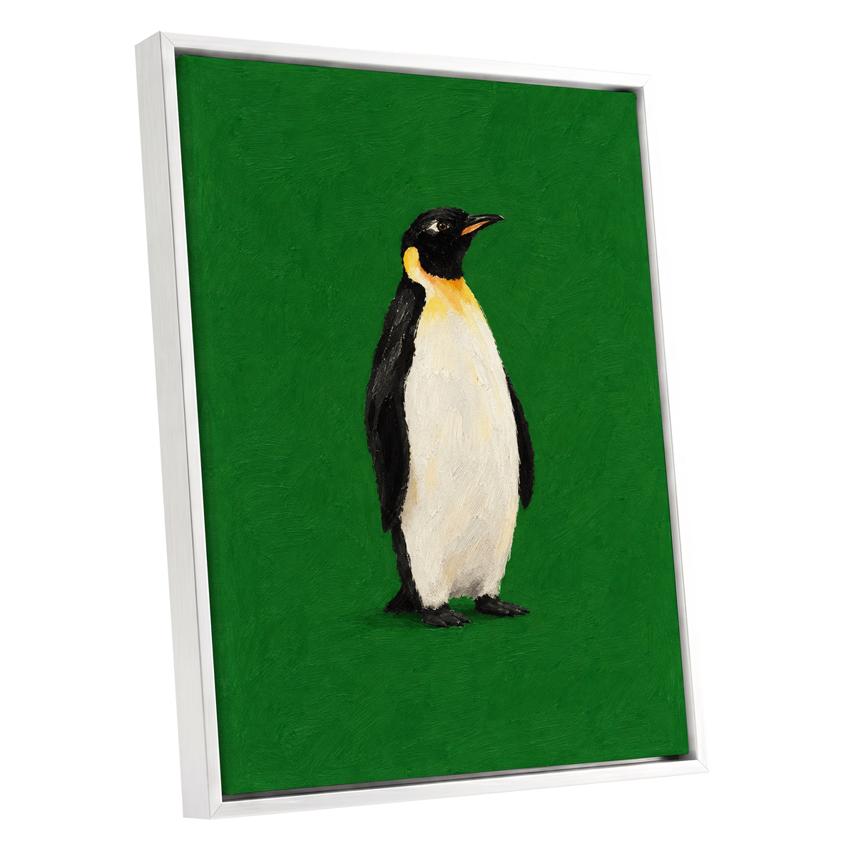 Penguin in Emerald, green, black, white nature wall art shown as a white framed canvas wall art