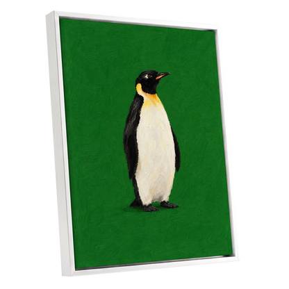 Penguin in Emerald, green, black, white nature wall art shown as a white framed canvas wall art