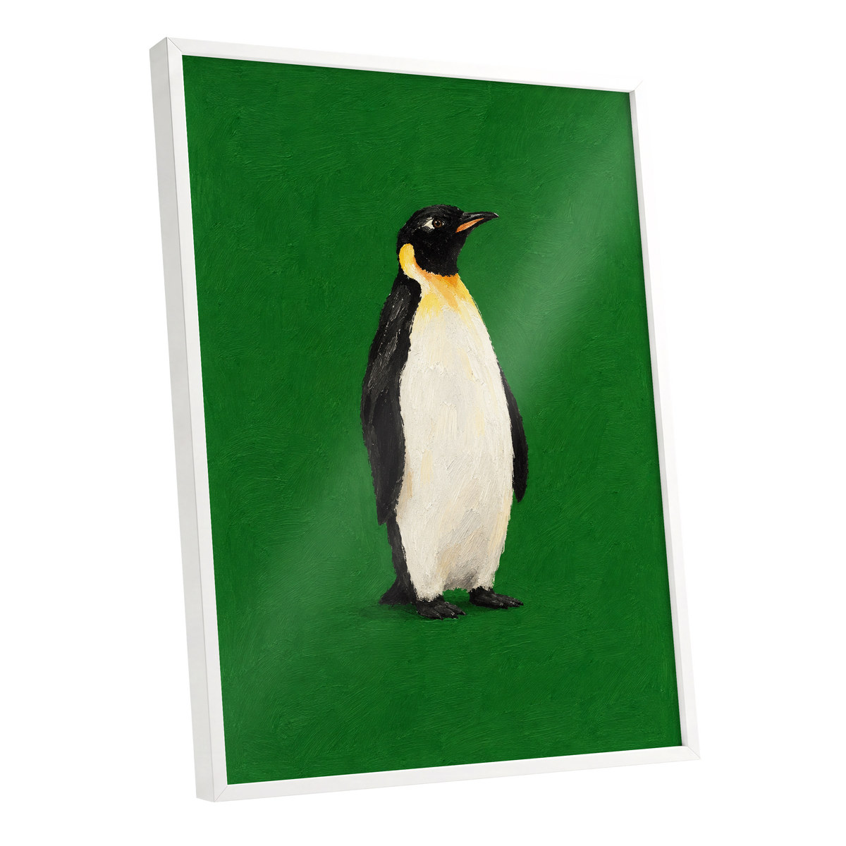 Penguin in Emerald, green, black, white nature wall art shown as a white framed poster wall art print