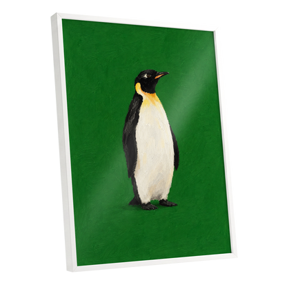 Penguin in Emerald, green, black, white nature wall art shown as a white framed poster wall art print