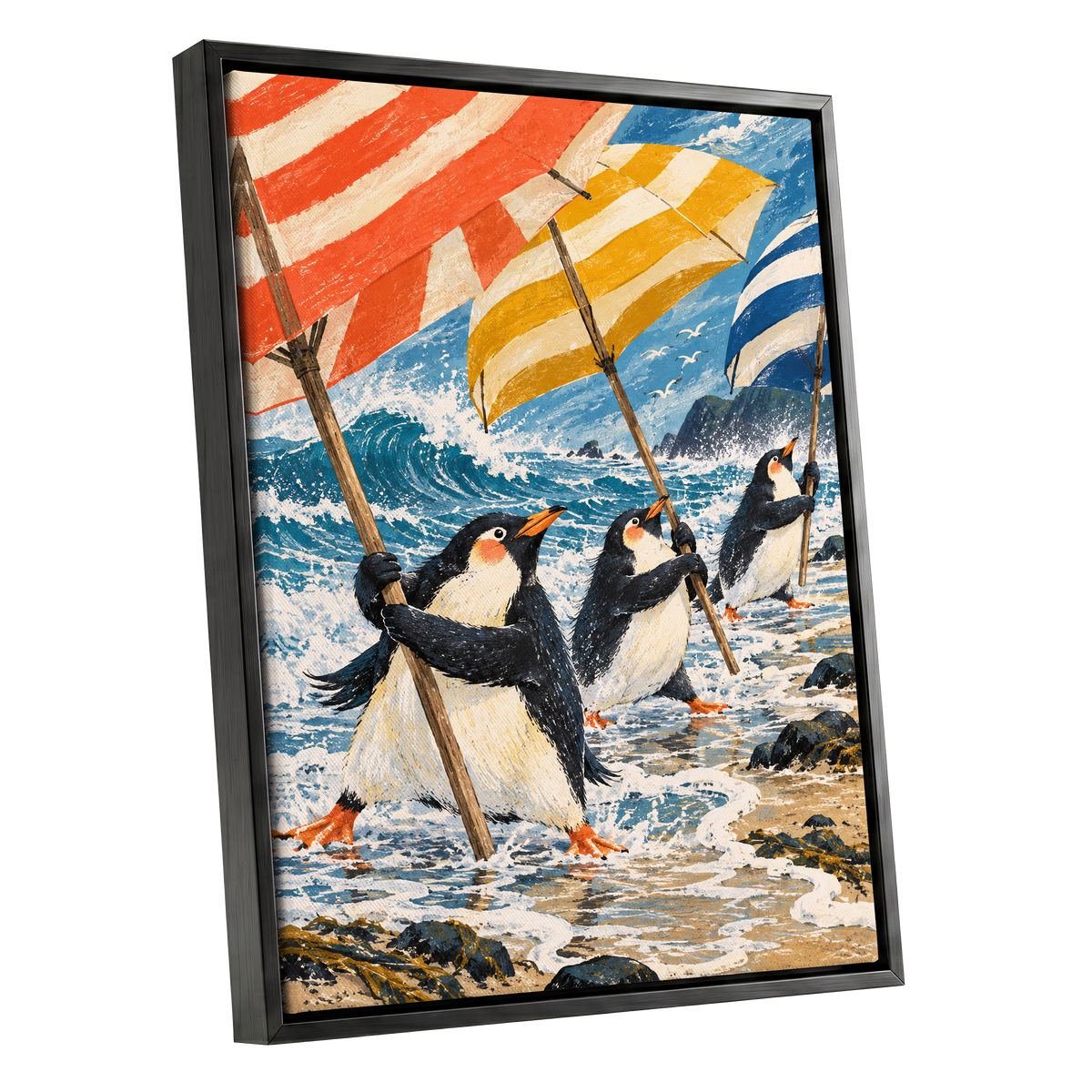 Penguin Parasol Parade, blue, black, white nature wall art shown as a black framed canvas wall art