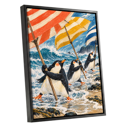 Penguin Parasol Parade, blue, black, white nature wall art shown as a black framed canvas wall art