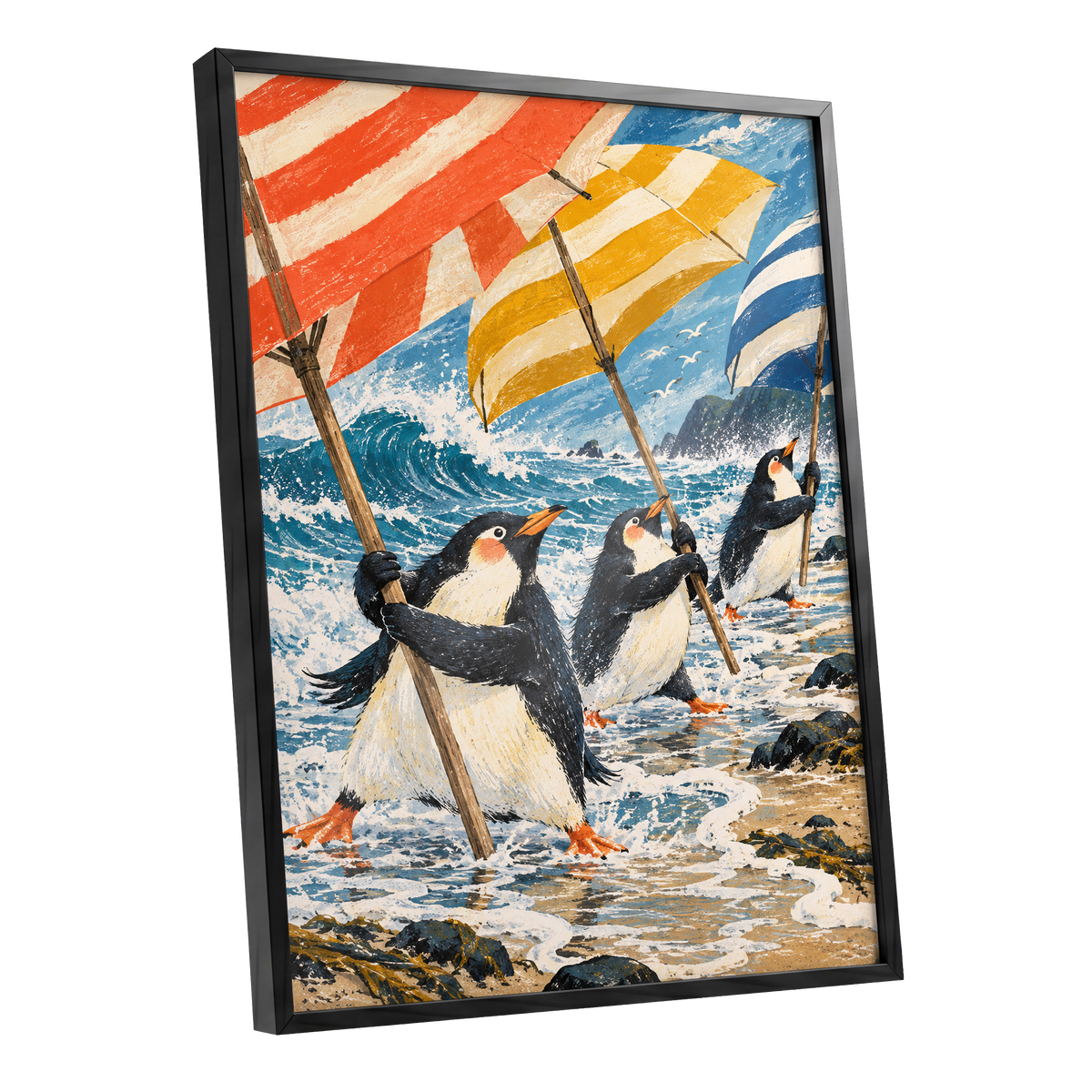 Penguin Parasol Parade, blue, black, white nature wall art shown as a black framed poster wall art print