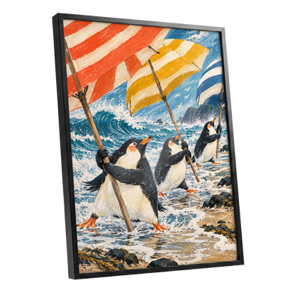 Penguin Parasol Parade, blue, black, white nature wall art shown as a black framed poster wall art print