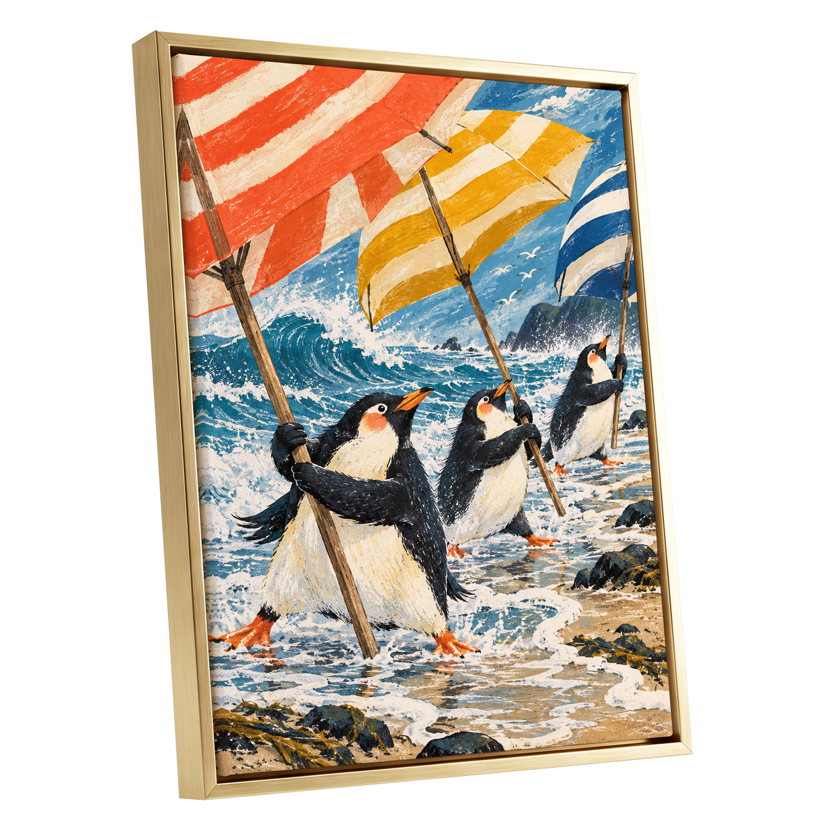 Penguin Parasol Parade, blue, black, white nature wall art shown as a gold framed canvas wall art
