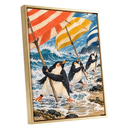 Penguin Parasol Parade, blue, black, white nature wall art shown as a gold framed canvas wall art