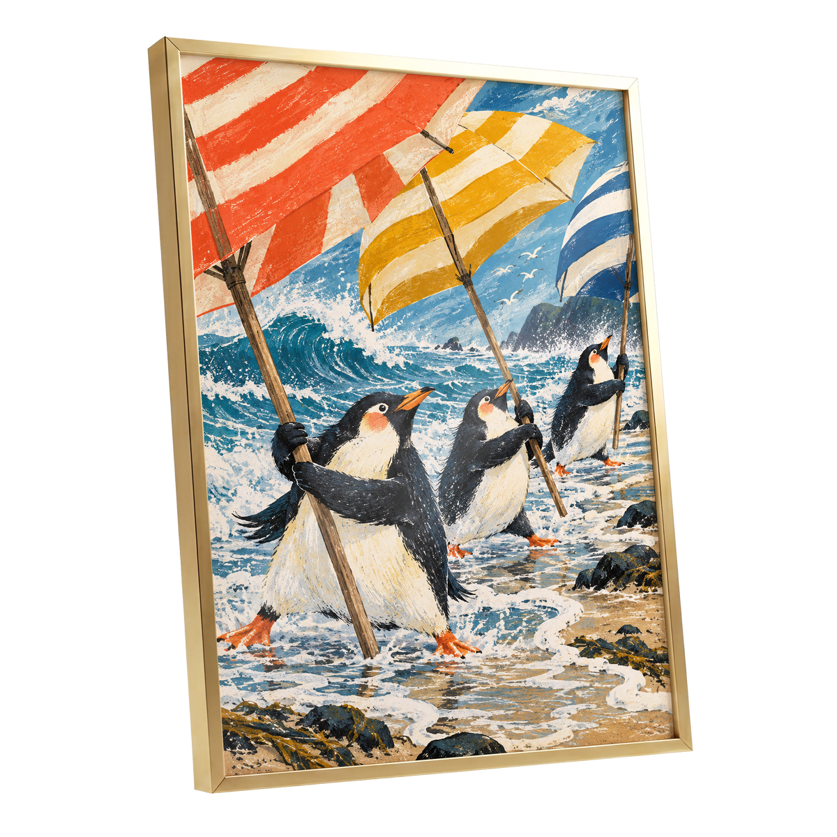 Penguin Parasol Parade, blue, black, white nature wall art shown as a gold framed poster wall art print