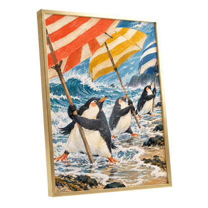 Penguin Parasol Parade, blue, black, white nature wall art shown as a gold framed poster wall art print