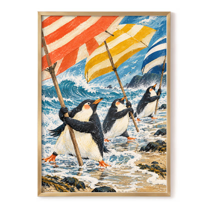 Penguin Parasol Parade, blue, black, white nature wall art, front artwork view