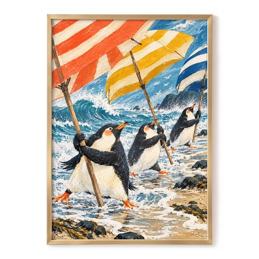 Penguin Parasol Parade, blue, black, white nature wall art, front artwork view