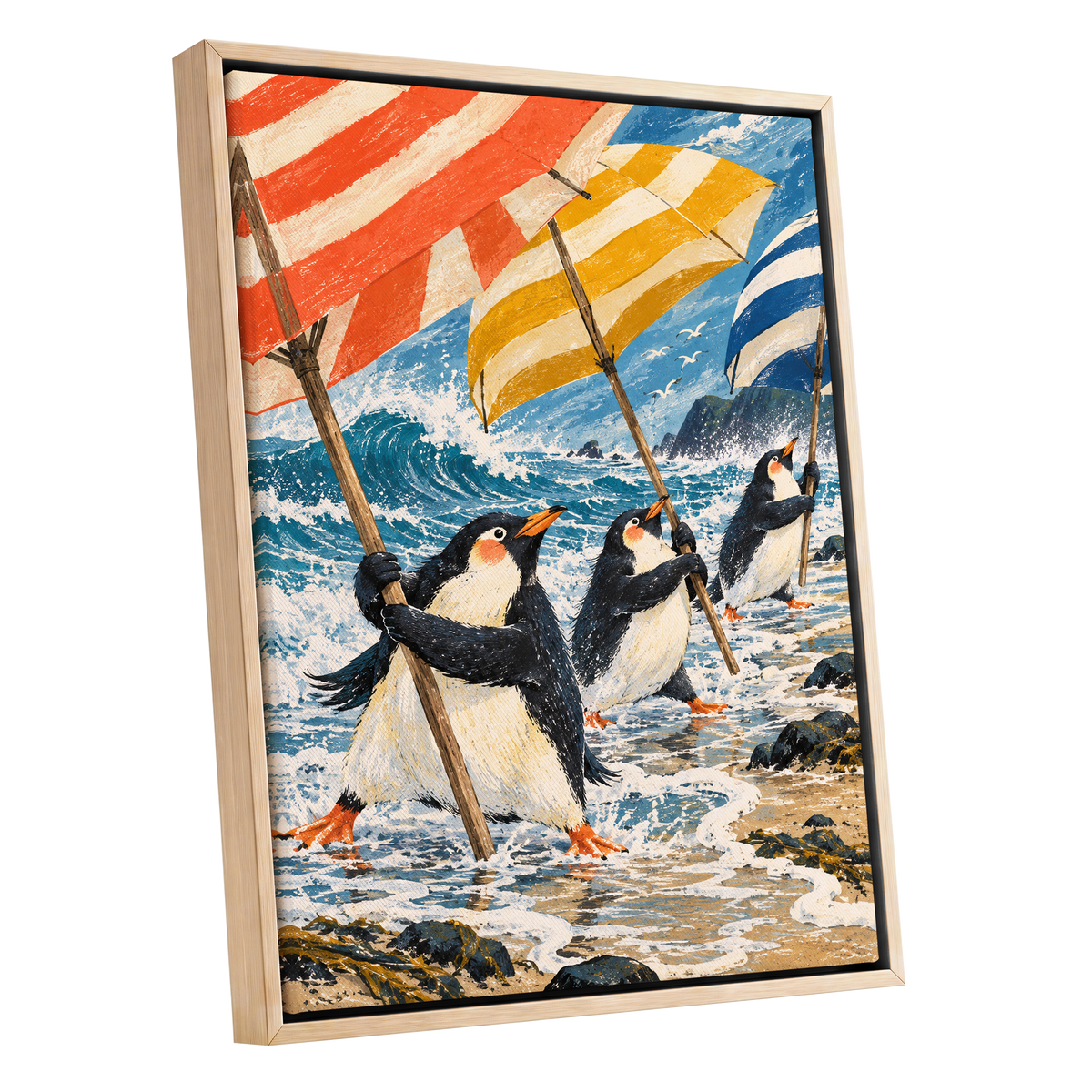 Penguin Parasol Parade, blue, black, white nature wall art shown as a oak framed canvas wall art