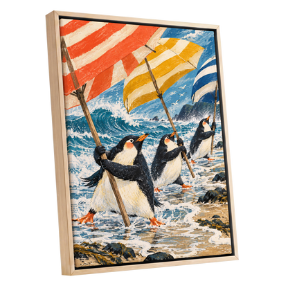 Penguin Parasol Parade, blue, black, white nature wall art shown as a oak framed canvas wall art
