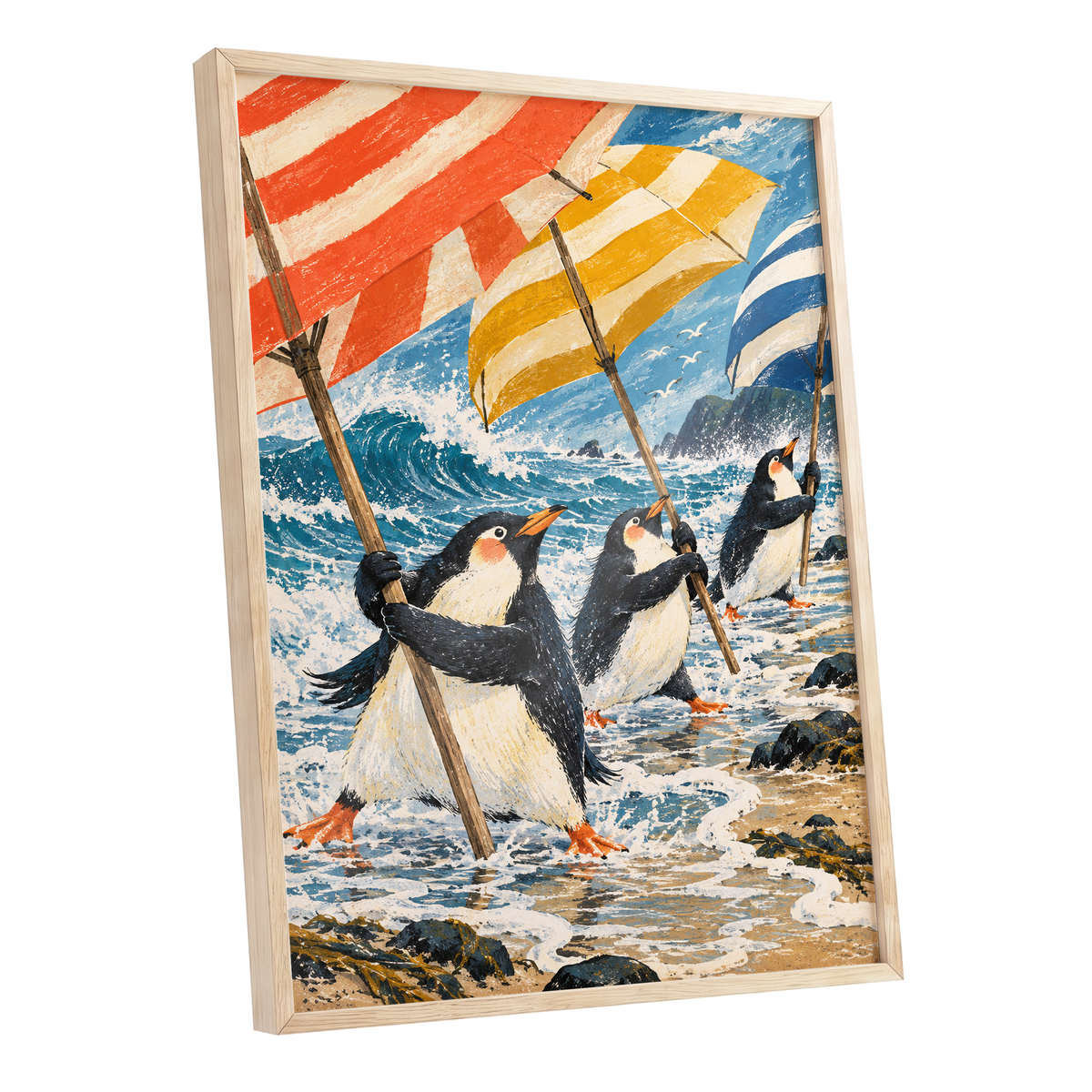 Penguin Parasol Parade, blue, black, white nature wall art shown as a oak framed poster wall art print