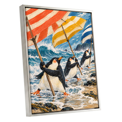 Penguin Parasol Parade, blue, black, white nature wall art shown as a silver framed canvas wall art