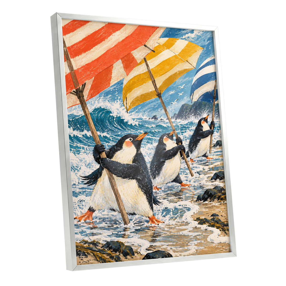 Penguin Parasol Parade, blue, black, white nature wall art shown as a silver framed poster wall art print