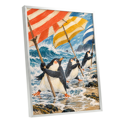 Penguin Parasol Parade, blue, black, white nature wall art shown as a silver framed poster wall art print