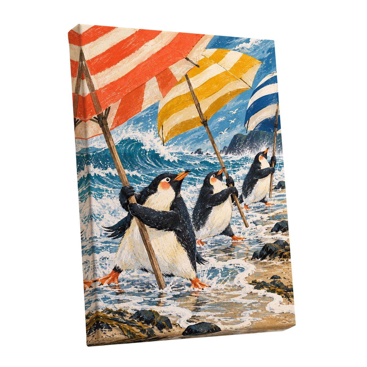 Penguin Parasol Parade, blue, black, white nature wall art shown as a stretched canvas wall art