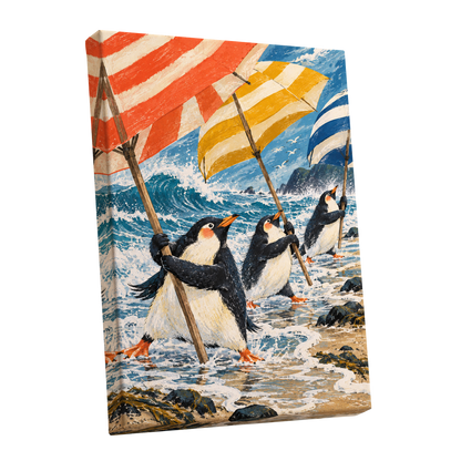 Penguin Parasol Parade, blue, black, white nature wall art shown as a stretched canvas wall art