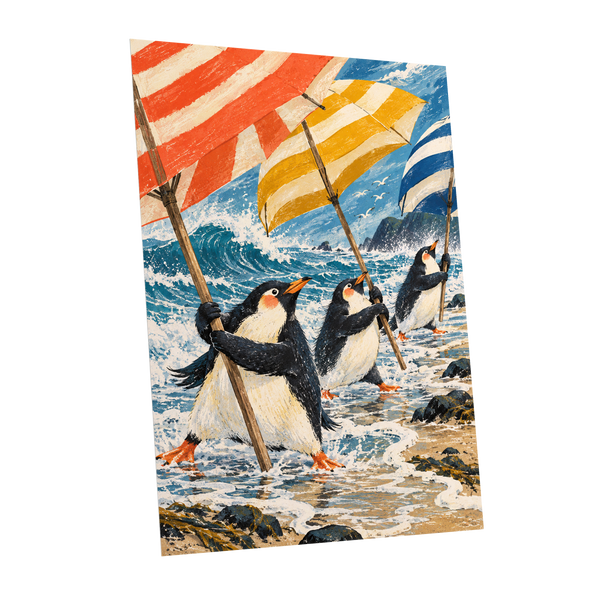 Penguin Parasol Parade, blue, black, white nature wall art shown as a unframed poster wall art print