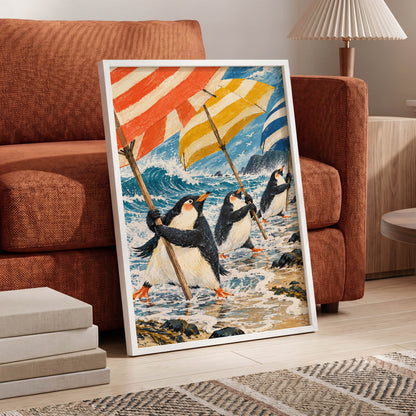 Penguin Parasol Parade, blue, black, white nature wall art displayed in a styled interior, gallery view 2