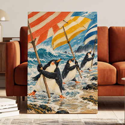 Penguin Parasol Parade, blue, black, white nature wall art displayed in a styled interior, gallery view 3
