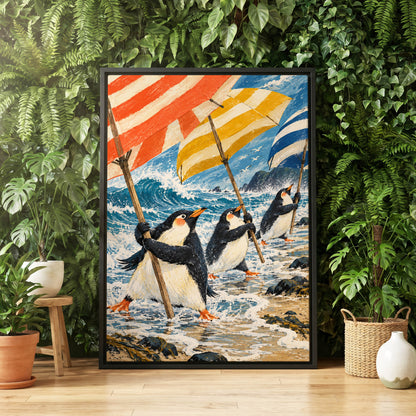 Penguin Parasol Parade, blue, black, white nature wall art displayed in a styled interior, gallery view 4