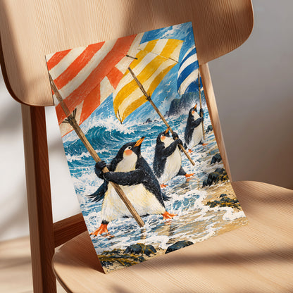 Penguin Parasol Parade, blue, black, white nature wall art displayed in a styled interior, gallery view 5