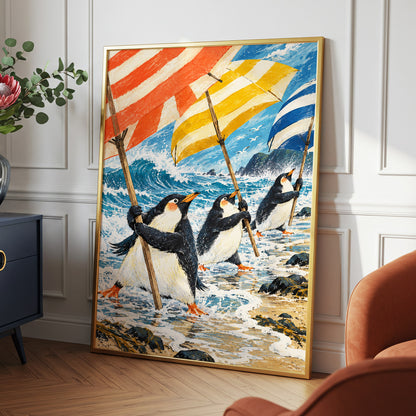 Penguin Parasol Parade, blue, black, white nature wall art displayed in a styled interior, gallery view 6
