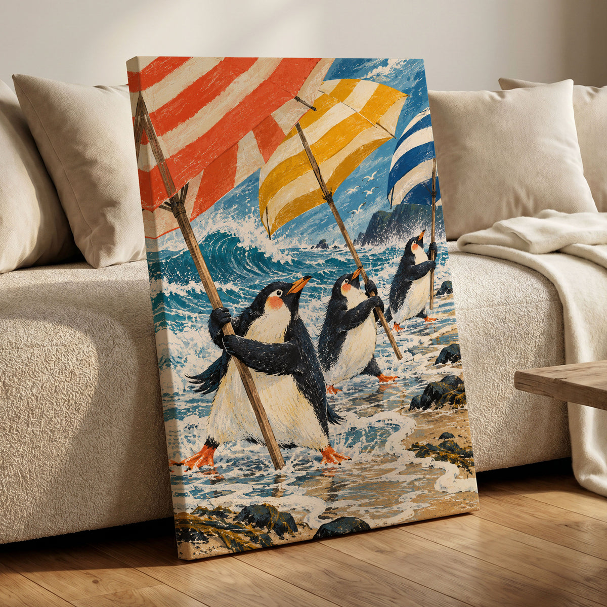 Penguin Parasol Parade, blue, black, white nature wall art displayed in a styled interior, gallery view 7