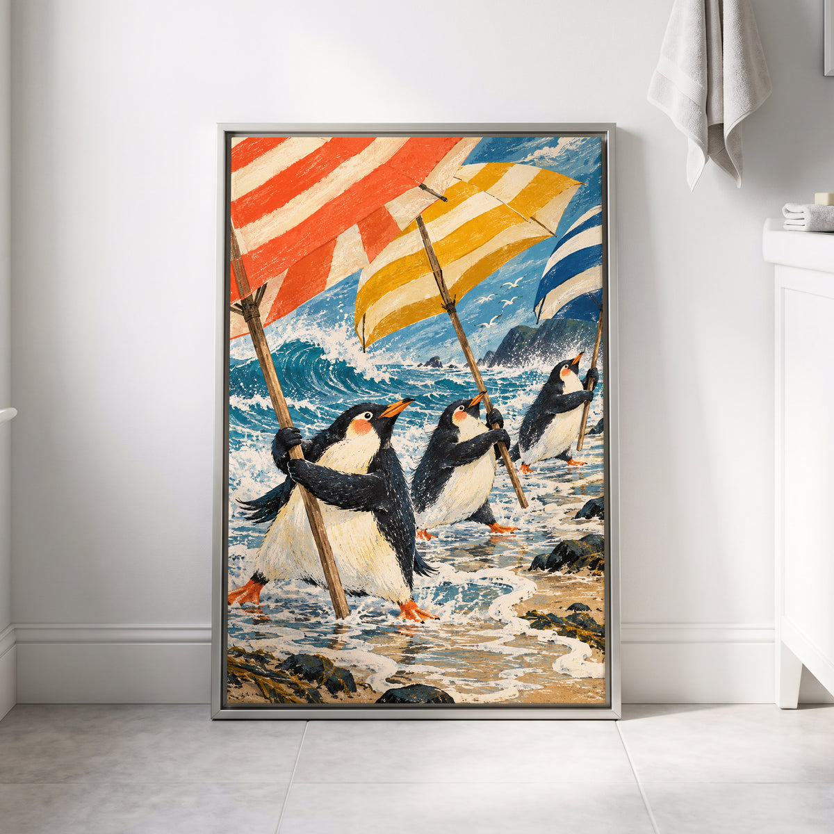 Penguin Parasol Parade, blue, black, white nature wall art displayed in a styled interior, gallery view 8