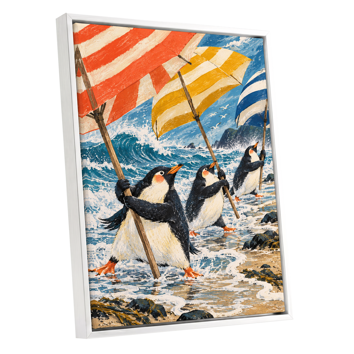 Penguin Parasol Parade, blue, black, white nature wall art shown as a white framed canvas wall art