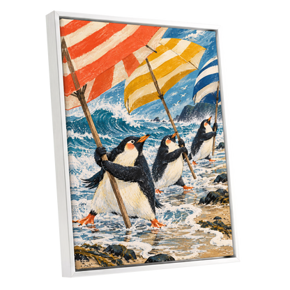Penguin Parasol Parade, blue, black, white nature wall art shown as a white framed canvas wall art