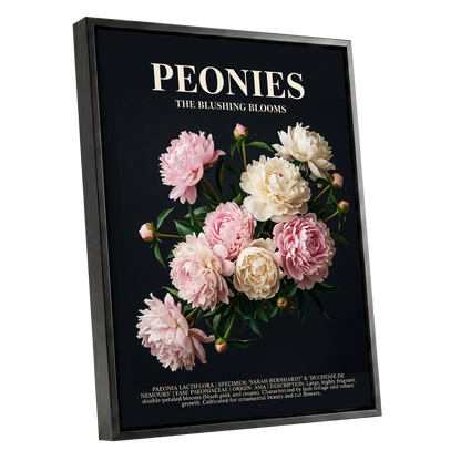 Peonies After Dark, black, pink, white floral wall art shown as a black framed canvas wall art