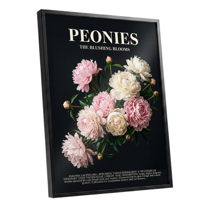 Peonies After Dark, black, pink, white floral wall art shown as a black framed poster wall art print