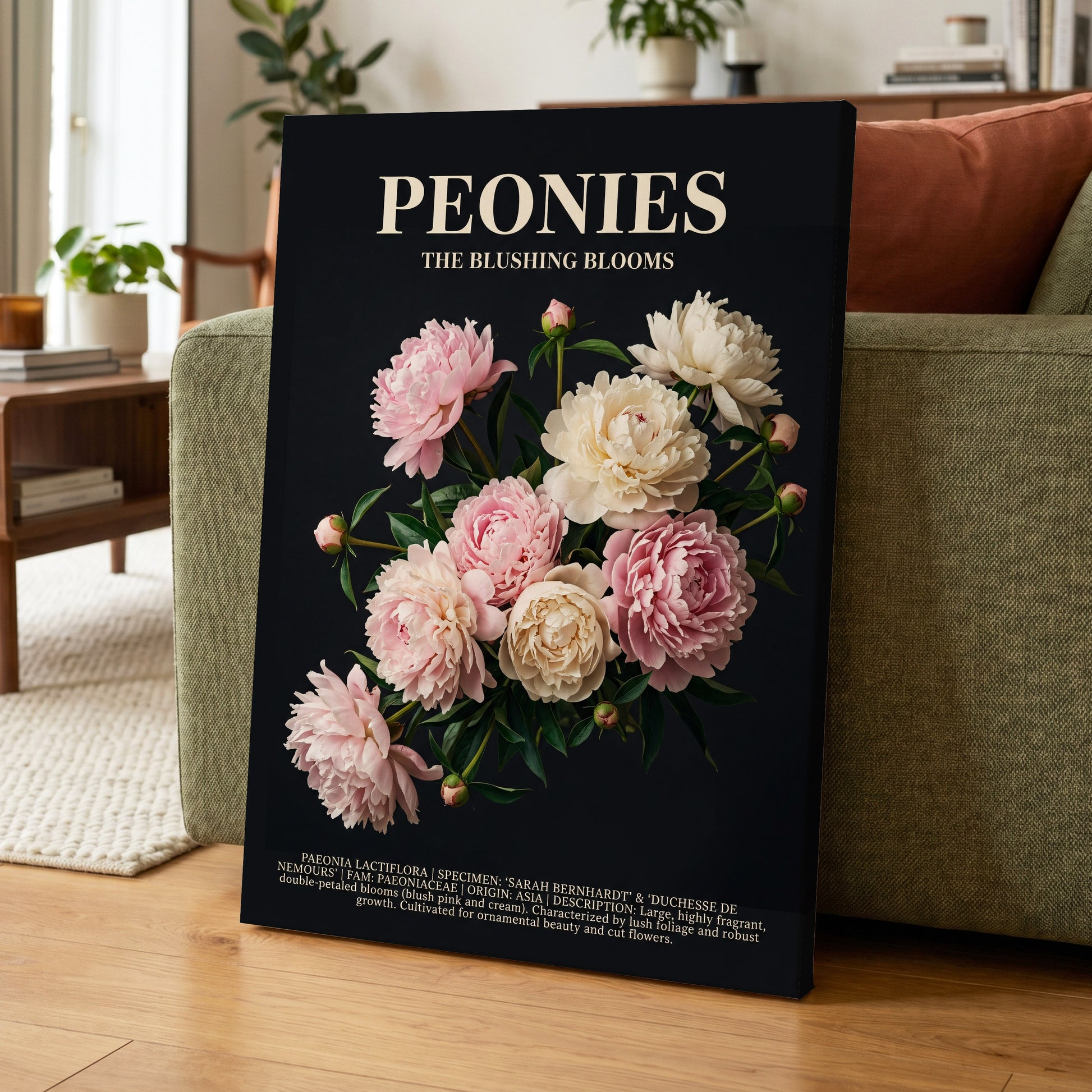 Peonies After Dark, black, pink, white floral wall art on canvas displayed in a styled interior, gallery view 1