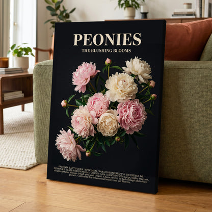 Peonies After Dark, black, pink, white floral wall art on canvas displayed in a styled interior, gallery view 1