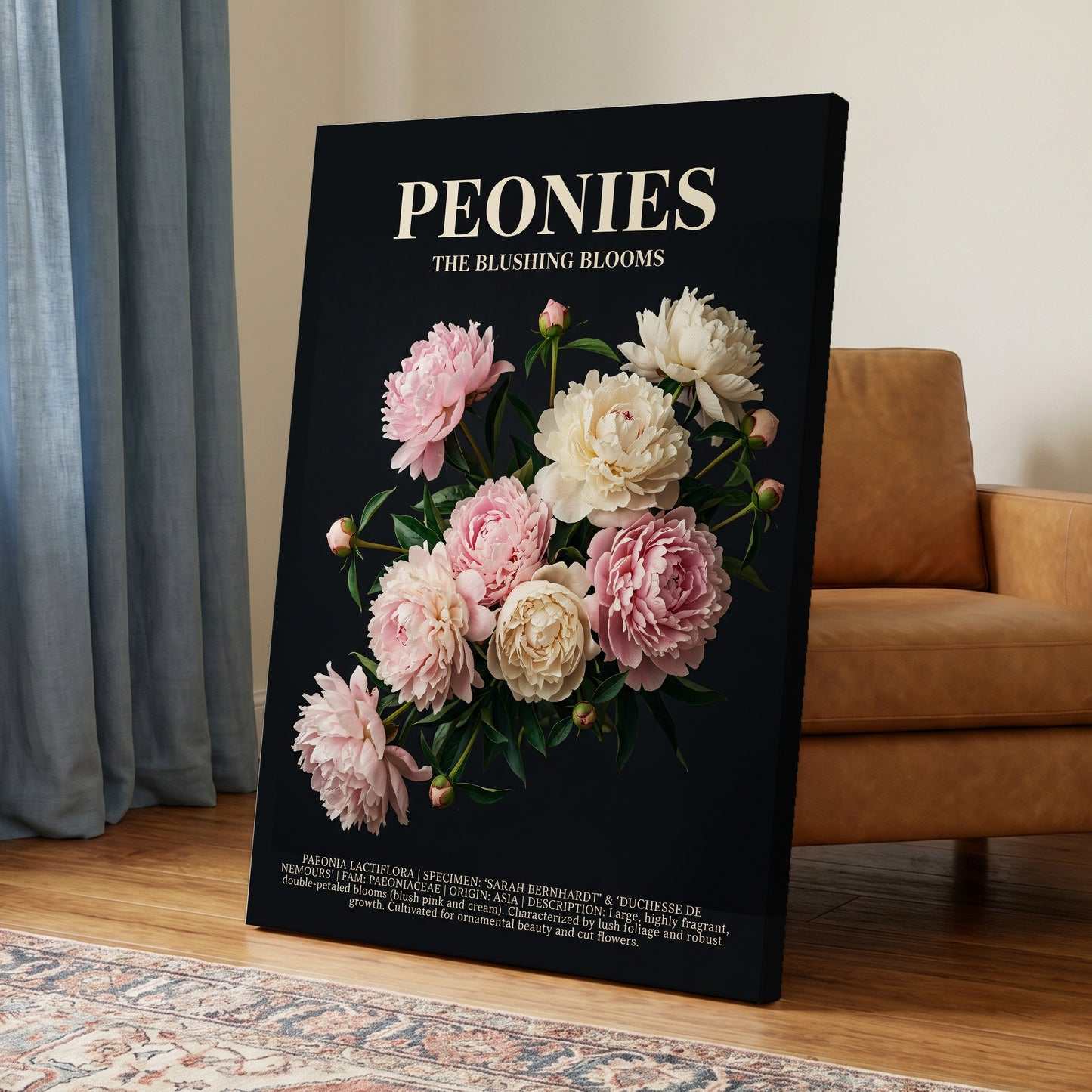 Peonies After Dark, black, pink, white floral wall art on canvas displayed in a styled interior, gallery view 2