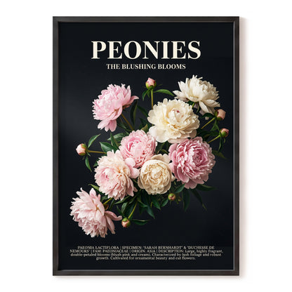 Peonies After Dark, black, pink, white floral wall art, front artwork view
