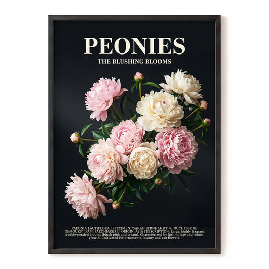 Peonies After Dark, black, pink, white floral wall art, front artwork view