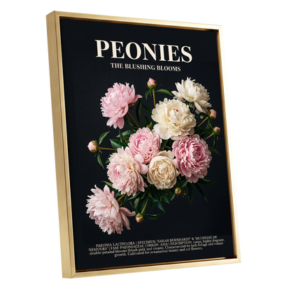 Peonies After Dark, black, pink, white floral wall art shown as a gold framed canvas wall art