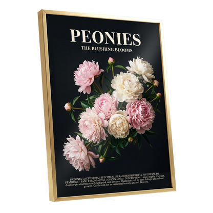 Peonies After Dark, black, pink, white floral wall art shown as a gold framed poster wall art print