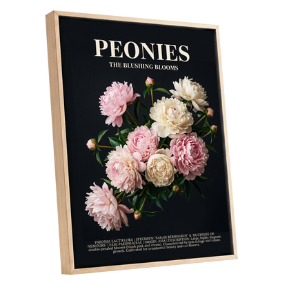 Peonies After Dark, black, pink, white floral wall art shown as a oak framed canvas wall art