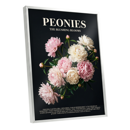 Peonies After Dark, black, pink, white floral wall art shown as a silver framed poster wall art print