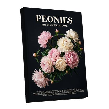 Peonies After Dark, black, pink, white floral wall art shown as a stretched canvas wall art