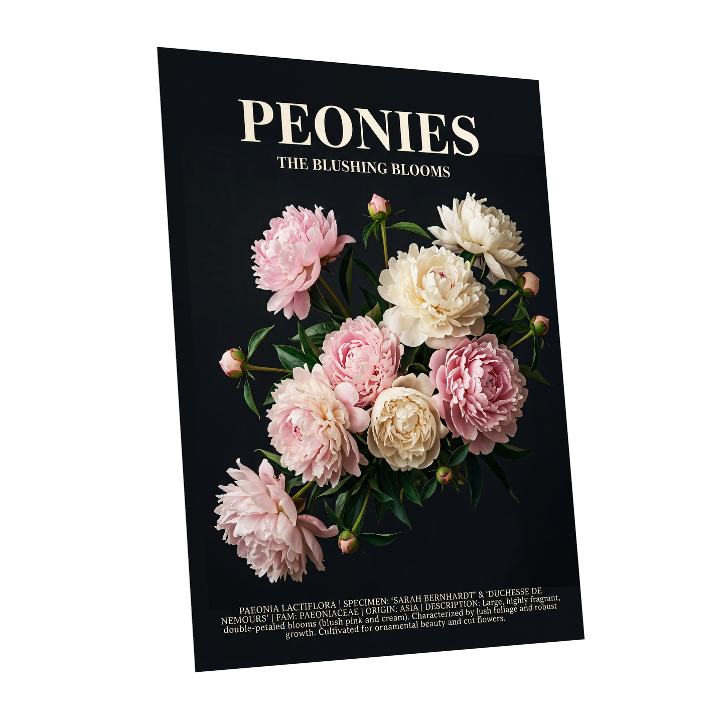 Peonies After Dark, black, pink, white floral wall art shown as a unframed poster wall art print