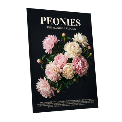 Peonies After Dark, black, pink, white floral wall art shown as a unframed poster wall art print