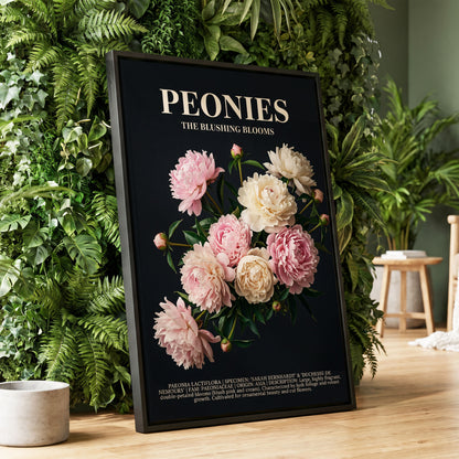 Peonies After Dark, black, pink, white floral wall art displayed in a styled interior, gallery view 1