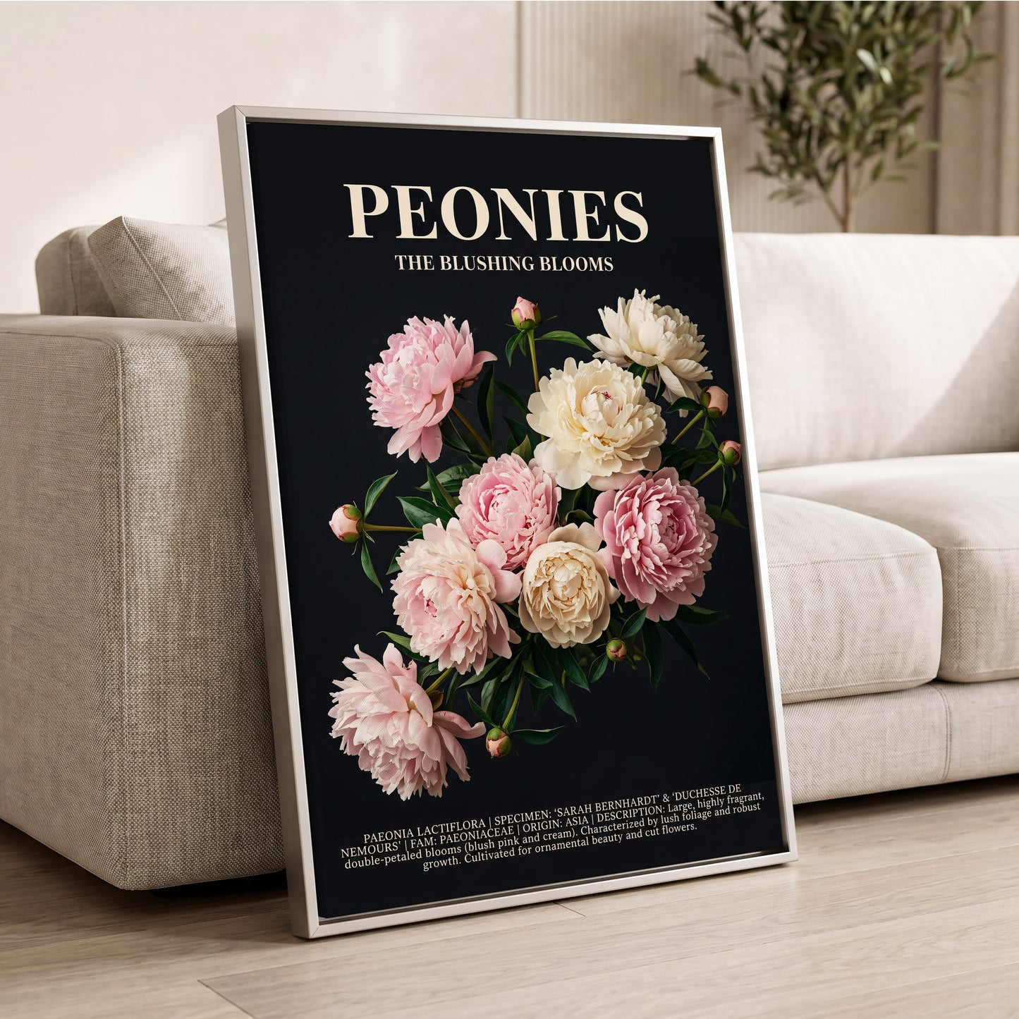 Peonies After Dark, black, pink, white floral wall art displayed in a styled interior, gallery view 2
